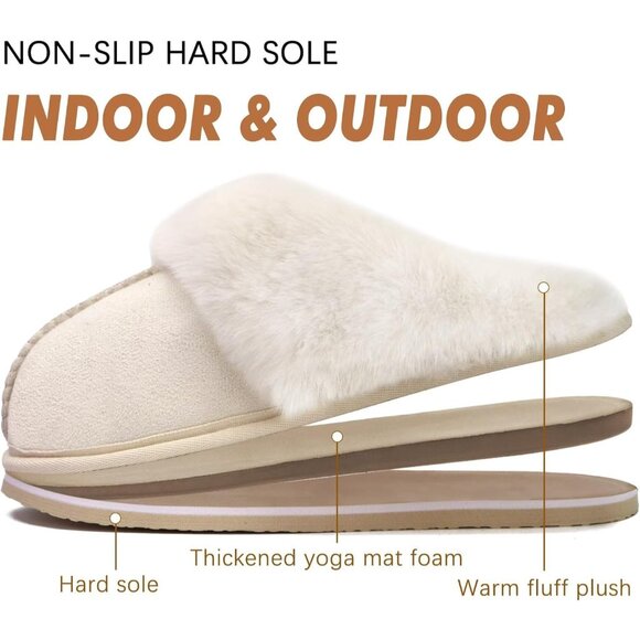 ⚡Women Cream Suede Fluff Dual Memory Foam Arch Support Warm Scuff Slipper - Picture 5 of 6